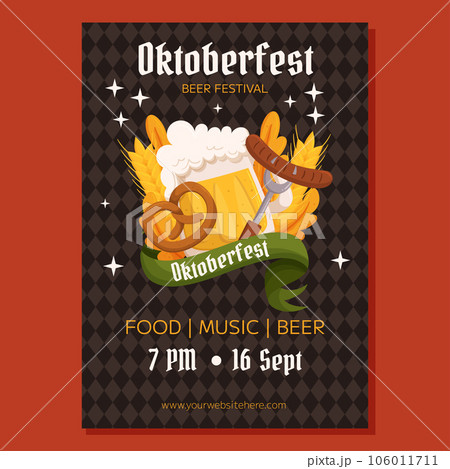 Oktoberfest German beer festival poster template. Design with glass of beer, pretzel and fork with sausage, wheat and leaves. Rhombus pattern on back. Oktoberfest German beer festival poster template. Design with glass of beer, pretzel and fork with sausage, wheat and leaves. Rhombus pattern on back. 106011711