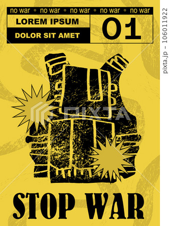 Anti-nuclear war propaganda poster. No to War, Stop War. Set of vector illustrations. Engraving, ink style. Poster, cover, t-shirt print. Military body armor 106011922