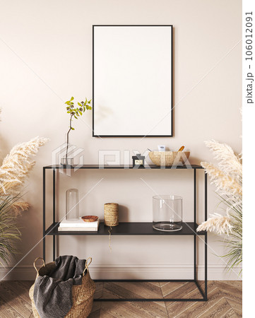 Japandi boho beige interior hallway with black console and green plant background. Light modern australian livingroom with wicker basket. 3d rendering mock up empty wall. High quality 3d illustration 106012091