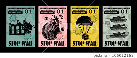 Anti-nuclear war propaganda poster. No to War, Stop War. Set of vector illustrations. Engraving, ink style. Poster, cover, t-shirt print. Military parachute, house, tank, explosion 106012165