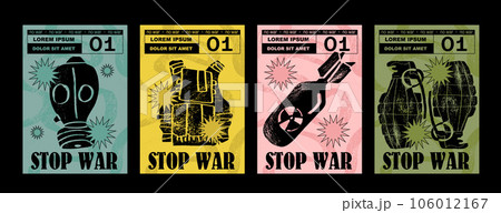 Anti-nuclear war propaganda poster. No to War, Stop War. Set of vector illustrations. Engraving, ink style. Poster, cover, t-shirt print. Military projectile, bomb, grenade, mask 106012167