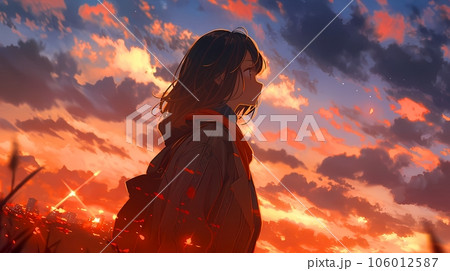 夕焼けと女性のイラスト, 夕日が沈む空の風景 AI生成画像のイラスト