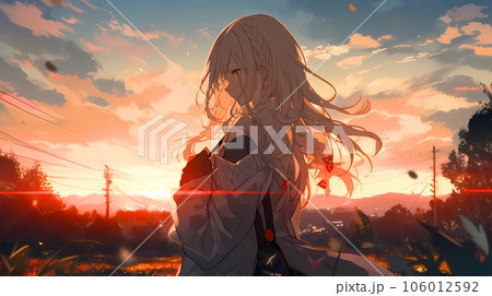 夕焼けと女性のイラスト, 夕日が沈む空の風景 AI生成画像のイラスト