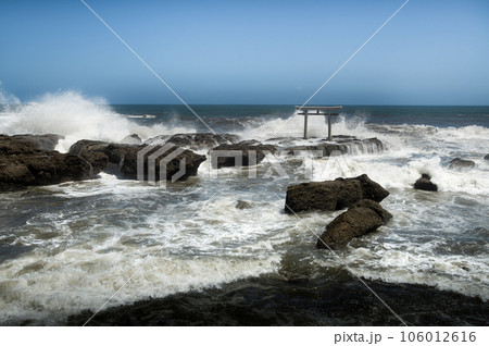 茨城県ひたちなか市　荒れる大洗磯前神社神磯の鳥居の朝 106012616