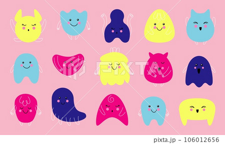 Monsters set. Cute abstract creatures. Different geometric forms with eyes and mouth, Happy color mascots. Childish decor, funny simple characters Vector cartoon minimal style isolated illustration Monsters set. Cute abstract creatures. Different geometric forms with eyes and mouth, Happy color mascots. Childish decor, funny simple characters Vector cartoon minimal style isolated illustration 106012656