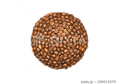 Coffee plate made from roasted coffee beans isolated on white background. Top view Coffee plate made from roasted coffee beans isolated on white background. Top view 106012670