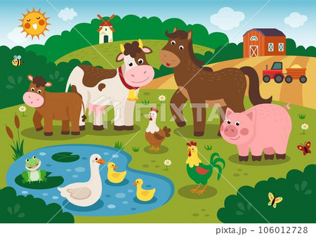 Farm animals. Pond duck. Flying butterfly and honeybee. Domestic cow or lamb. Chicken bird in meadow. Cartoon frog and pig. Field tractor. Pony on ranch. Countryside tidy landscape. Vector rural scene Farm animals. Pond duck. Flying butterfly and honeybee. Domestic cow or lamb. Chicken bird in meadow. Cartoon frog and pig. Field tractor. Pony on ranch. Countryside tidy landscape. Vector rural scene 106012728
