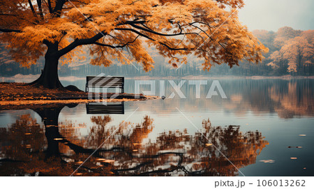 Autumn landscape of lake with beautiful autumn trees and bench 106013262