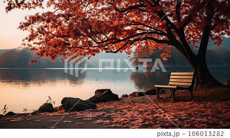 Autumn landscape of lake with beautiful autumn trees and bench 106013282