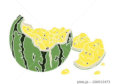 砕けた黄色スイカのイラスト(版画風) 砕けた黄色スイカのイラスト(版画風) 106013473