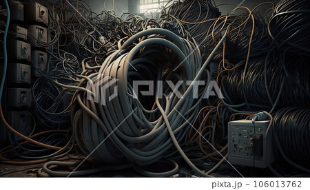pile of electrical cords wires and  pipes created by generative AI  106013762