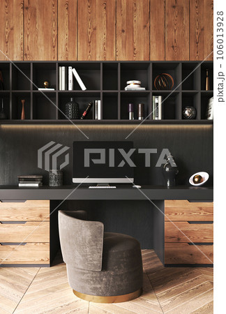 Beige home interior office with wooden dark table, chair and decor in boho scandi living room background. Computer screen mock up. 3d rendering. High quality 3d illustration 106013928