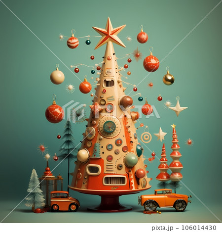 Christmas tree with toys and cars. vintage styleのイラスト素材