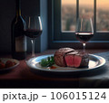 Beef meat steak on white plate, bottle with two glasses of red wine on table near window Beef meat steak on white plate, bottle with two glasses of red wine on table near window 106015124