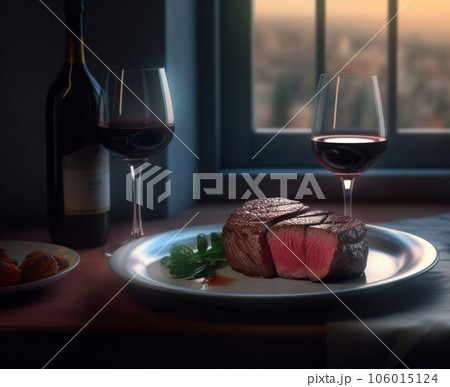 Beef meat steak on white plate, bottle with two glasses of red wine on table near window Beef meat steak on white plate, bottle with two glasses of red wine on table near window 106015124