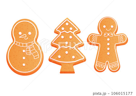 Set Gingerbread man, cute snowman and christmas tree with icing decoration, seasonal dessert, cookies in cartoon style isolated on white background. 106015177