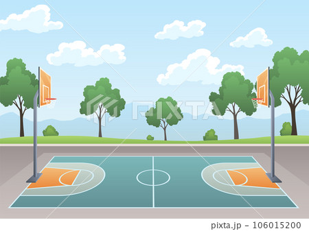 Basketball court. Urban concept landscape with playground, athletic field with backboard, basket and ring. Background with green trees, vector illustration 106015200