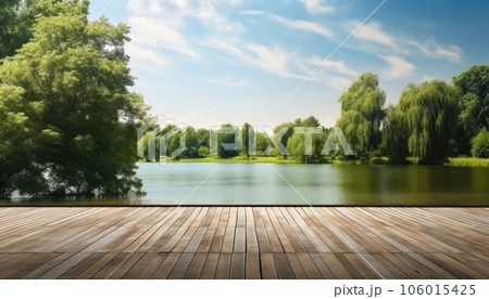Wooden deck with lake and forest in background 106015425