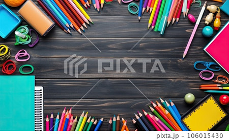 School supplies on black wooden table. Back to school concept. Top view 106015430