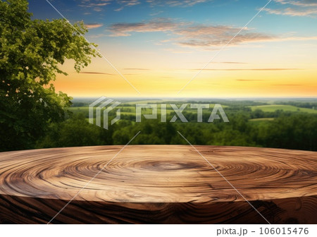 Empty wooden table against view of misty landscape at sunset. Ready for product display montage Empty wooden table against view of misty landscape at sunset. Ready for product display montage 106015476