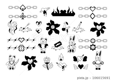 Large tattoo set in the style of the 90s, 2000s. Black and white doodle vector illustration. Large tattoo set in the style of the 90s, 2000s. Black and white doodle vector illustration. 106015691