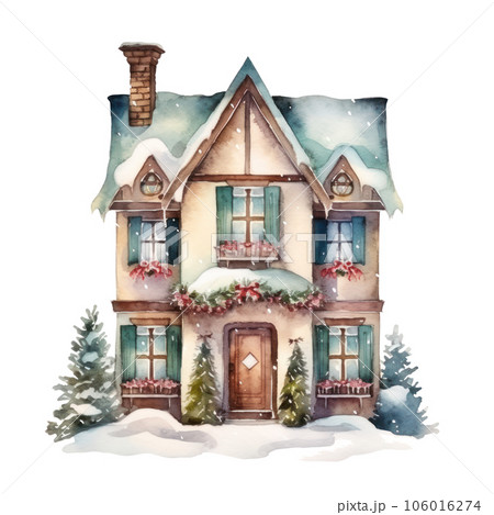 Watercolor cute Christmas house isolated 106016274