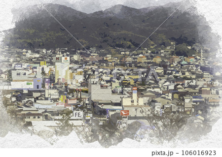 水彩画風 古城山公園 笠岡市街 岡山県笠岡市のイラスト素材