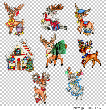 Watercolor Christmas deer. Christmas decoration and characters. Watercolor elements.Design for baby shower party, birthday, cake, holiday celebration design, greetings card, invitation. 106017370