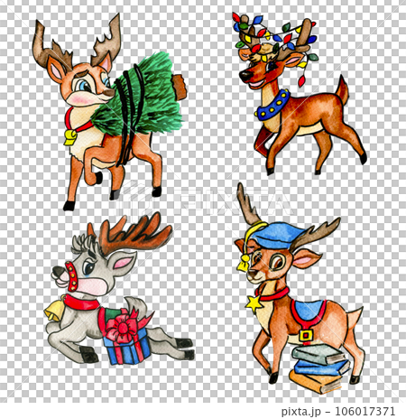 Watercolor Christmas deer. Christmas decoration and characters. Watercolor elements.Design for baby shower party, birthday, cake, holiday celebration design, greetings card, invitation. 106017371