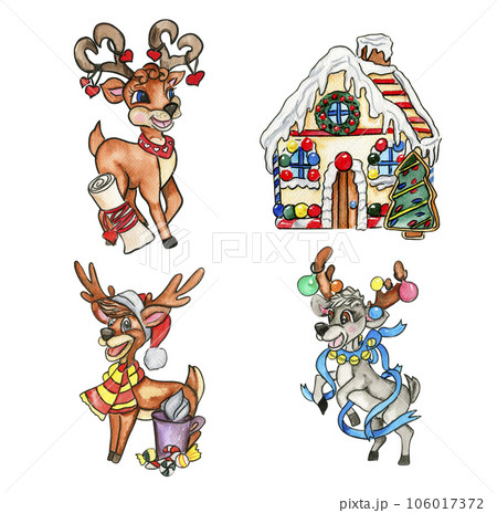 Watercolor Christmas deer. Christmas decoration and characters. Watercolor elements.Design for baby shower party, birthday, cake, holiday celebration design, greetings card, invitation. Watercolor Christmas deer. Christmas decoration and characters. Watercolor elements.Design for baby shower party, birthday, cake, holiday celebration design, greetings card, invitation. 106017372