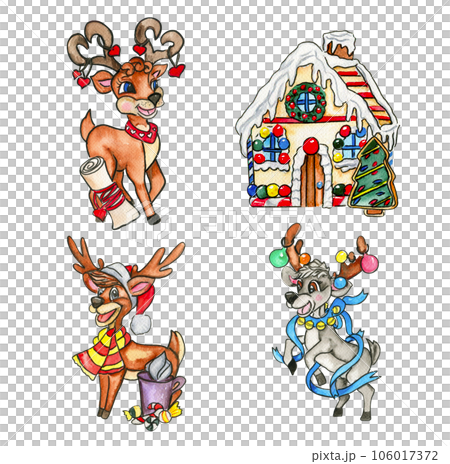 Watercolor Christmas deer. Christmas decoration and characters. Watercolor elements.Design for baby shower party, birthday, cake, holiday celebration design, greetings card, invitation. 106017372