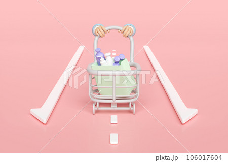 3d hand pushing a shopping cart  with shopping paper bags, miscellaneous isolated on pink background. purchase target concept, 3d render illustration 106017604