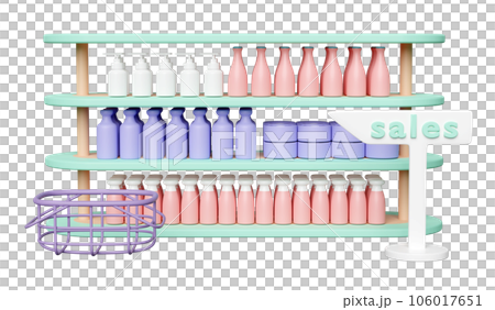 3d basket, shopping carts empty with shelf, miscellaneous, sale signboard or signpost isolated. 3d render illustration 106017651