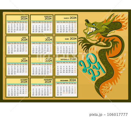 A4 calendar 2024. Chinese Year of Green Wooden Dragon. Week starts on Monday. Vector illustration. A4 calendar 2024. Chinese Year of Green Wooden Dragon. Week starts on Monday. Vector illustration. 106017777
