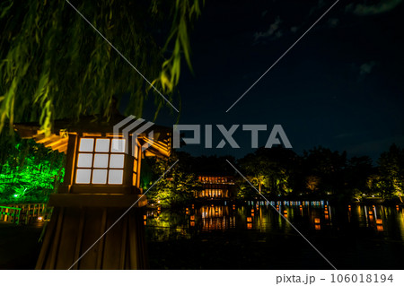 夏の夜の徳川園、龍仙湖に漂う浮灯籠〈愛知県名古屋市〉 106018194