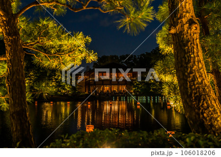 夏の夜の徳川園、龍仙湖に漂う浮灯籠〈愛知県名古屋市〉 106018206