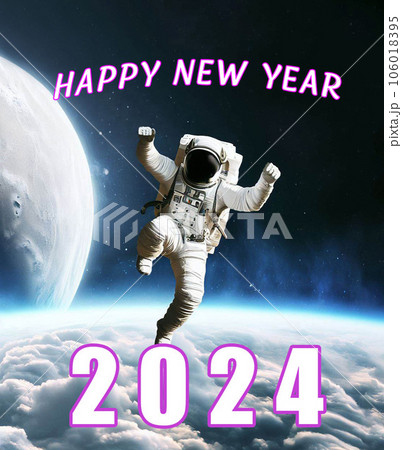 宇宙遊泳をしている宇宙飛行士からのHAPPY NEW YEAR 106018395