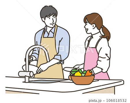 キッチンで料理をするアジア人のカップル 106018532