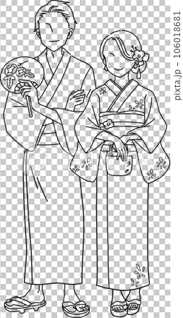 Illustration line drawing of men and women in yukata 106018681