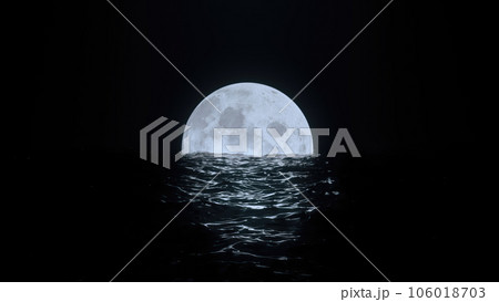 3d render Full moon at night on floats in black water 106018703