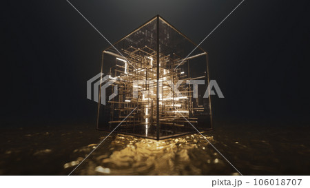 3d render Floating cube on golden water with neon lines inside in the form of a labyrinth 106018707