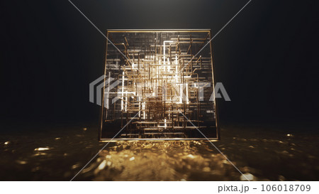 3d render Floating cube on golden water with neon lines inside in the form of a labyrinth 3d render Floating cube on golden water with neon lines inside in the form of a labyrinth 106018709