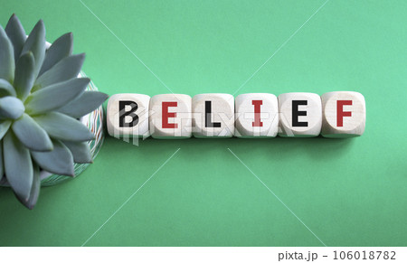 Belief symbol. Concept word Belief on wooden cubes. Beautiful green background with succulent plant. Business and Belief concept. Copy space. Belief symbol. Concept word Belief on wooden cubes. Beautiful green background with succulent plant. Business and Belief concept. Copy space. 106018782