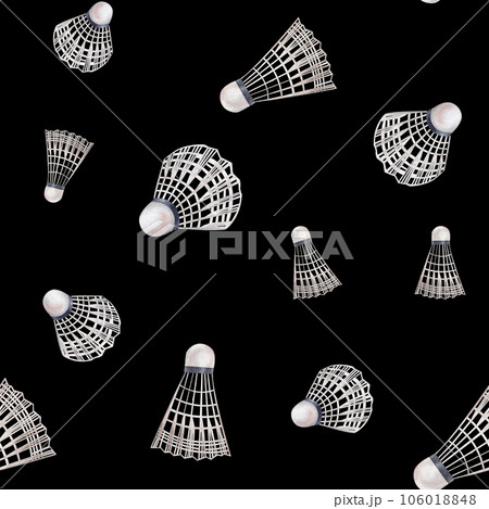 Seamless pattern badminton shuttlecock watercolor illustration. Hand drawn and isolated on a black background. Athletic lifestyle, sport design, textile 106018848