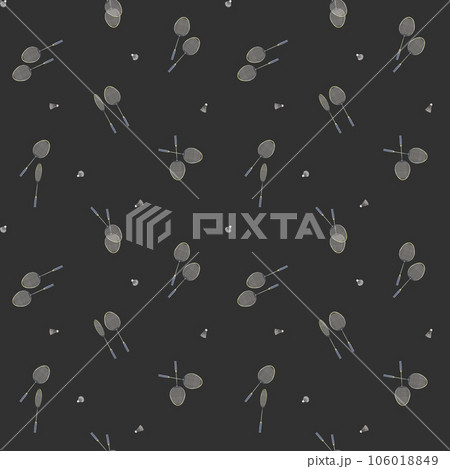 Seamless pattern badminton racket and shuttlecock watercolor illustration. Hand drawn and isolated on a black background. Athletic lifestyle, sport design, textile 106018849