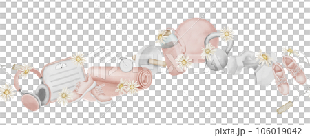 Seamless Border of Sports equipment and daisy flowers. Hand drawn watercolor illustration of female Fitness on isolated background. Banner design for gym wall sticker. Exercise tools for women sketch. Seamless Border of Sports equipment and daisy flowers. Hand drawn watercolor illustration of female Fitness on isolated background. Banner design for gym wall sticker. Exercise tools for women sketch. 106019042