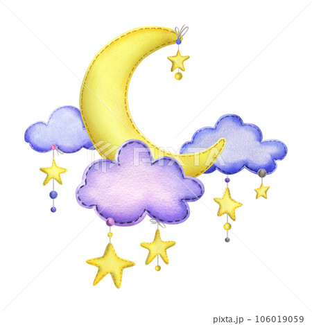 A cute stitched yellow moon with hanging stars, dots, clouds. Watercolor illustration, hand drawn. Isolated composition on a white background. 106019059