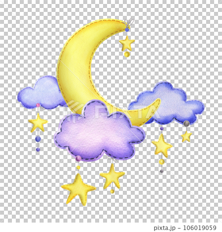 A cute stitched yellow moon with hanging stars, dots, clouds. Watercolor illustration, hand drawn. Isolated composition on a white background. 106019059