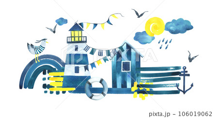 Beach sea cabin with a lighthouse, seagull in a vest a rainbow, an anchor, a cloud and flags blue and yellow. Watercolor illustration hand drawn in children's style. Composition on a white background 106019062