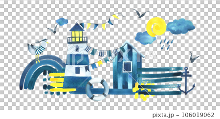 Beach sea cabin with a lighthouse, seagull in a vest a rainbow, an anchor, a cloud and flags blue and yellow. Watercolor illustration hand drawn in children's style. Composition on a white background 106019062
